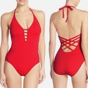 La Blanca Standard Island Goddess Lattice Front Strappy Back Halter One Piece